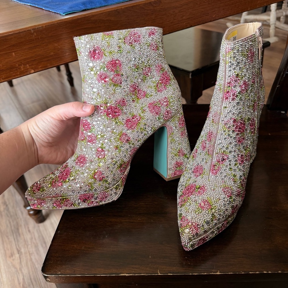 Betsey Johnson Della Pink Floral rhinestone Platform Boot with Teal Heel - Picture 14 of 16
